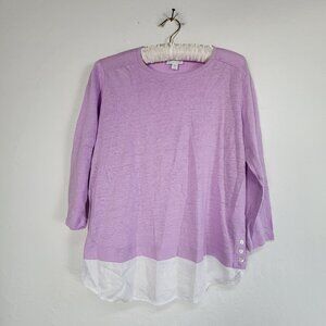 J. Jill Love Linen Womens Lilac White 3/4 Sleeve Top Small Petite Side-Button